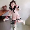 Vestido de Punto para Niña Bloque de Color Cuello Solapa Manga Larga Vestido Suéter Oso Lindo Corbata Volante Vestido Princesa