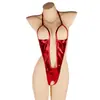 Yezi Mei Lingerie Sexy para Mulheres, Body de Couro Patente com Abertura no Gancho, Roupa Sexy para Boate Vazada Justa