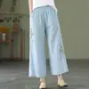 Calça reta de perna larga de algodão e linho bordada estilo étnico retrô para mulheres, cor sólida, cintura elástica, estilo solto, fina, para 100kg, para primavera e verão