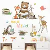 Adesivos de parede de animais da floresta lendo, Decalques de parede de animais de desenho animado lendo, Decorações de parede para educação infantil