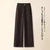 Calça de lã cor de café de perna larga para mulheres, elegante e chique para o inverno, cintura alta, calça reta com bom caimento, novo estilo 2026 calça casual feminina