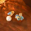 Brincos de Prata Banhados a Ouro Real com Agulha de Prata Gota de Óleo Pétala Pérola Brincos Estilo Corte Retrô Francês Brincos de Luxo Leve de Alta Qualidade