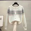 Cardigan Tricot Jacquard Gola Redonda para Mulheres 2026 Primavera e Outono Nova Moda Solto Color Block Versátil Quente Casaco Suéter para Inverno