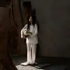 Pijama de Algodón para Mujer Estilo Primavera y Otoño Algodón Puro Color Sólido Estilo Francés Encaje Manga Larga Algodón Suave Conjunto de Ropa para el Hogar