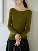Top de punto de lana estilo francés con hombros descubiertos y mangas largas para mujer, camisa básica de otoño, top azul de hombros descubiertos
