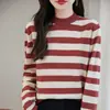 Suéter de malha feminino Andi de veludo com gola semimédia listrado, novo para outono e inverno, de manga comprida, moda solta, estilo coreano, estiloso e quente