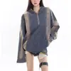 Comércio Transfronteiriço Ligeiramente Imperfeito Americano Primavera e Outono Estilo Retrô Preguiçoso Meio Zíper Jeans Moda Pulôver Top Solto e Alto