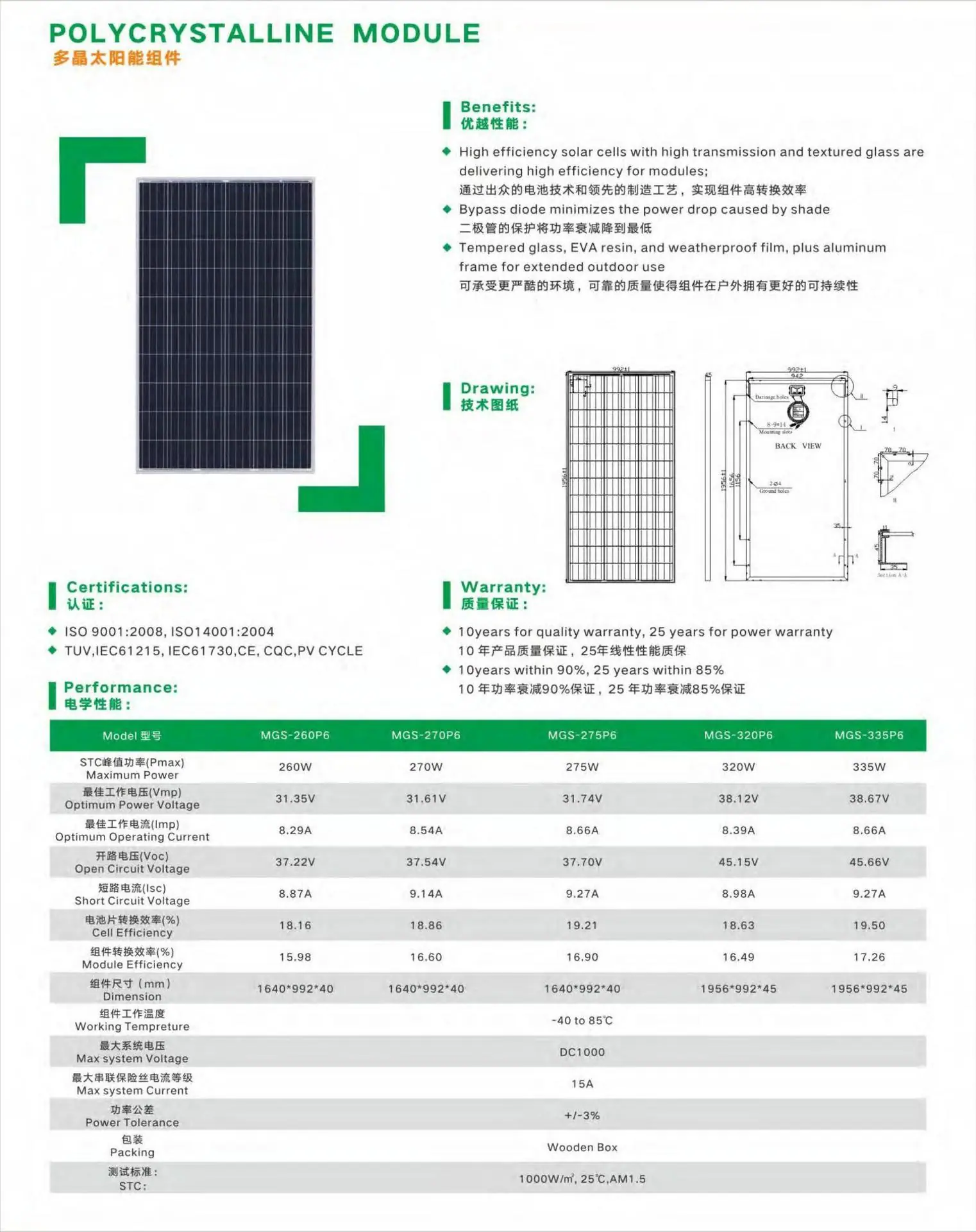 多晶太阳能组件260W-335W