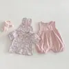 Conjunto Romper de Alça Fina Dianxi para Bebês Meninas, Novo Conjunto de Duas Peças com Camisa Floral de Verão e Romper