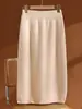Novo Outono/Inverno Malha 100% Lã Pura Saia Midi com Fenda Feminina Cintura Alta para Trabalho Emagrecedora Quente Justa ao Corpo