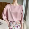 Camisa de satén de acetato de alta gama con cuello redondo y mangas de tres cuartos, textura fluida, estilo coreano de nicho, top liso simple y versátil para mujer