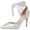 Zapatos blancos de tacón alto con punta para damas de honor, tacón de aguja estilo francés con tiras de cinta, zapatos de moda para mujer europeos y americanos