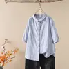 832 Camisa de Gasa de Algodón de Doble Capa a Cuadros de Manga Media con Cuello Pequeño, Nuevo Top Casual de Manga Corta para Mujer de Verano
