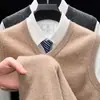 Chaleco de punto casual 100% cachemira para hombre de otoño e invierno, sin mangas, cuello en V, para hombres de mediana edad y mayores