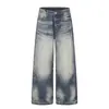 Jeans de mezclilla con lavado degradado estilo americano, corte holgado para hombre, modernos, desgastados, de pierna recta, con un diseño distintivo de remaches, pierna ancha, pantalones largos