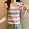 Chaleco de Punto de Tirantes a Rayas en Contraste de Seda de Hielo para Mujer Verano Chica Caliente Arcoíris Rayado Cuello Redondo Top sin Mangas Sección Delgada