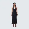 Vestido Largo de Vacaciones con Estilo de Moda Transfronteriza Europea y Americana, Sexy, Ceñido a la Cintura, Cuello Halter, con Parches de Lunares, Espalda Descubierta con Lazos