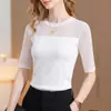 Camiseta negra de malla de manga media ajustada para mujer, nuevo estilo verano 2026, cuello redondo, elegante, ligeramente transparente, top de manga tres cuartos