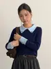 [Oufan] Hermoso Suéter de Punto Azul Marino con Cuello Polo de Manga Larga Ropa de Trabajo Sencilla para Mujer Top 11026