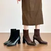 Botines ajustados de tacón alto de punta cuadrada estilo francés para mujer, de piel de oveja, para otoño e invierno, de cuero genuino, con tacón grueso, cremallera lateral, elásticos y ajustados