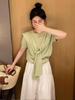 Camiseta de Punto Amarilla Estilo Academia de Manga Corta para Mujer Verano Pequeña Única Chic Conjunto de Dos Piezas con Top Chal
