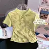 Nova Camiseta Estilo Chinês Nacional com Fivela de Disco Tie-Dye de Manga Curta para Mulheres Verão 2025 Novo Top Curto Feminino de Corte Justo
