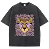 [Transfronteiriço 230g] Camiseta Feminina Retro Lavagem Ácida Estampa de Leopardo Estampa de Desenho Animado Gola Redonda Algodão Manga Curta Moda