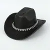 Sombrero Vaquero Occidental Negro Brillante Transfronterizo Moda Cadena de Perlas Decoración Sombrero de Mujer Circunferencia de Cabeza Grande Sombrero de Jazz