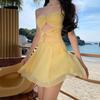 Estilo Francês Estilo Férias na Beira-Mar Amarelo Puro Sexy Sem Alças Vestido Tubinho Design de Verão Feminino Curto Vazado