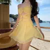 Vestido Strapless de Chiffon Puramente Sexy para Mulheres, Design de Verão com Saia Curta Vazada, Chiffon Amarelo, Caimento Justo, Cor Sólida