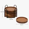 Juego de Posavasos Redondos Retro de Madera Maciza con Soporte de Almacenamiento de Hierro Negro, Hecho de una Pieza Entera de Madera, Impermeable, Aislante Térmico y Resistente a Quemaduras