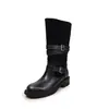 Botas de Equitação Femininas Color Block de Couro Bovino + Couro Dividido, Botas Individuais de Couro Envelhecido, Novo Estilo Outono, Botas de Couro Genuíno com Bico Redondo, Fivela e Salto Médio, Meio da Panturrilha