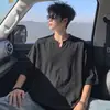 Sensação casual e relaxada, camiseta de manga curta em linho sintético para homens, novo estilo de verão, fresca e respirável, pequeno decote em V, top solto de meia-manga
