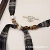 Pañuelo de Seda con Decoración de Cuentas Cerámicas a Cuadros para Primavera y Verano, Adorno para el Cuello, Cinta Larga para Camisas, Elegante Pañuelo Retro para Mujer