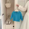 Suéter de Tricô com Capuz para Bebê Menina Outono Criança Pequena Azul Lago Pulôver com Meio Botão Capuz Top Macio Versátil para Bebê