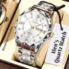 Relógio Masculino Duplo Calendário Simples de Liga de Metal Negócios High-end Dourado Aço Diamante Incrustado Venda Quente Relógio de Pulso de Aço com Pulseira de Aço Atacado