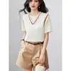 Camiseta de Manga Corta de Punto de Seda Helada Falsa de Dos Piezas con Cuello en V para Mujer, Corte Holgado con Diseño Color Block para Verano