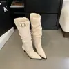 Botas largas de punta fina, tacón delgado, efecto adelgazante para mujer, nuevo estilo 2026, con diseño fruncido, hebilla de cinturón y tacón alto, botas de caña alta, botas adelgazantes