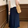 Falda Casual de Color Sólido Azul Oscuro de Moda Versátil para Mujer con Dobladillo de Encaje, Falda Retro Estilo Coreano que Reduce la Edad y Adelgaza