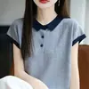 Camisa de manga curta com gola em organza de alta qualidade para mulheres, top versátil e fresco para primavera/verão, camisa de malha simples transparente com gola