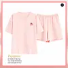 Conjunto de Pijama Casual e Fofo para Meninas, Verão, Algodão Puro, Gola Redonda, Manga Curta, Shorts Soltinho
