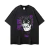 Camiseta negra lavada desgastada con estampado de personaje, corte holgado, talla grande, tela gruesa, top de verano de anime, comercio exterior