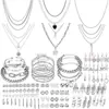 Pendientes, Collares, Anillos, Conjuntos de Joyería Punk con Forma de Corazón para Mujer de Venta Caliente Transfronteriza, Pulseras Versátiles de Moda, Conjunto de Joyería de 68 Piezas