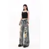 Jeans Ripped com Estampa de Tinta Estilo Retro Wasteland Americano para Mulheres, Novo Design de Verão, Calças de Cintura Alta Soltas de Pernas Largas