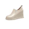 Salto Anabela Salto Alto 9cm Sapatos Femininos 2025 Primavera e Outono Novos Couro Genuíno Bico Redondo Sapatos Pequenos de Altura Interna Elevada Boca Profunda Sapatos de Couro