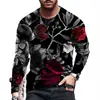 Camiseta de Manga Larga para Hombre con Estampado Digital de Calavera, Transpirable, que Absorbe la Humedad, Top de Cuello Redondo, Camiseta de Manga Corta para Hombre