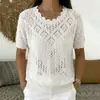 Sitio Independiente Amazon 2026 Primavera/Verano Nuevo Tejido de Ganchillo Hueco Camiseta de Manga Corta para Mujer Cuello de Encaje Suéter Delgado