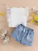 Conjunto de Top de Malla con Lunares y Mangas tipo Mosca para Niñas y Shorts de Mezclilla, Conjunto Casual de Dos Piezas con Estampado de Margarita para Niños en Verano