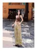 Calça Jeans Amarela Tie-Dye Estilo Retrô Americano para Mulheres, Cintura Alta, Vibe, Perna Reta Longa Flare, Tendência