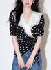 Camisa Elegante com Gola V Franzida de Bolinhas com Gravata para Mulheres 2026, Top Minimalista Versátil Estiloso
